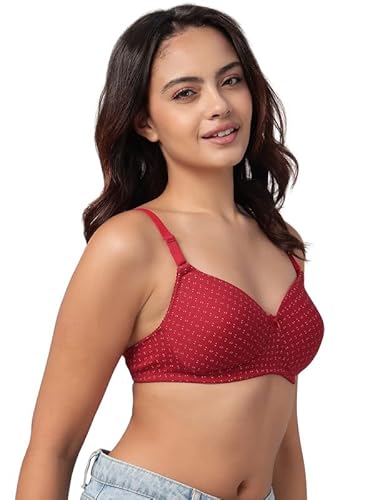 Clovia Women’s Red Cotton Printed T-Shirt Bra – Padded, Wire-Free, Full-Cup Comfort